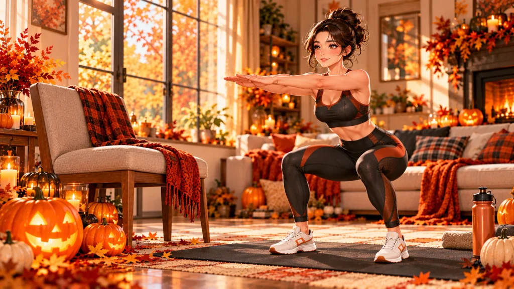 Woman demonstrating proper bodyweight squat form beside a chair in a cozy Halloween-themed home.