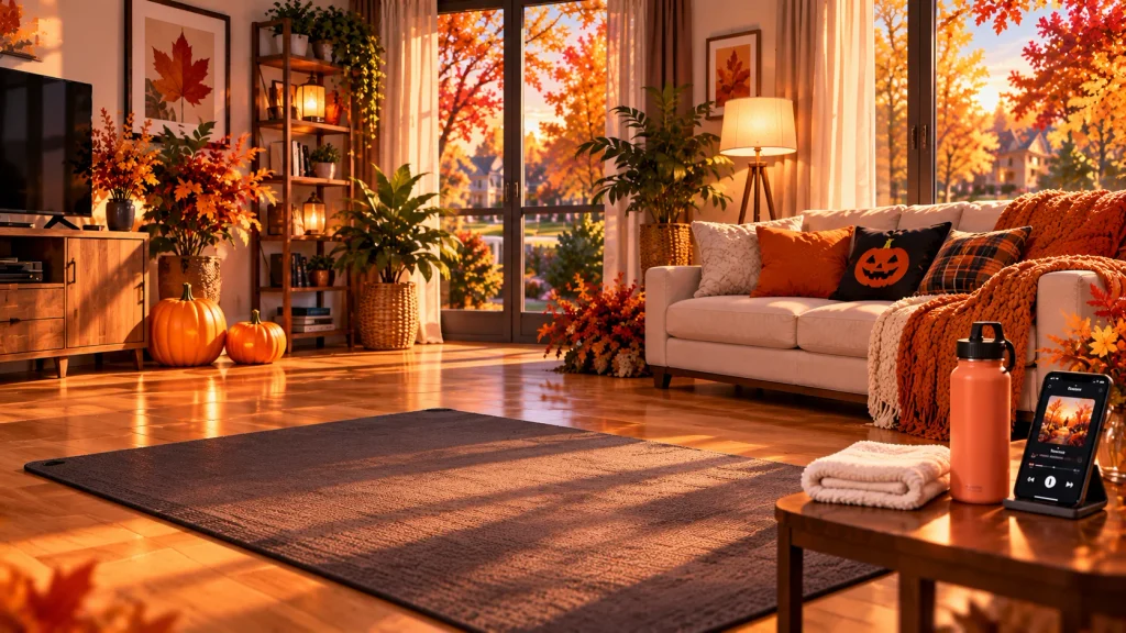 Clear living room with sneakers, water bottle, towel, and autumn decorations prepared for a home workout.