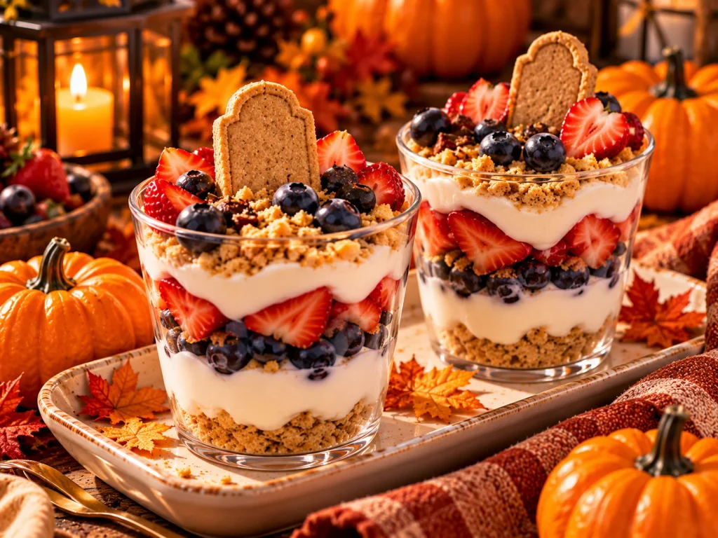 Halloween yogurt and berry dessert cups layered with yogurt, berries, crunchy crumbs, and tombstone-shaped crackers.