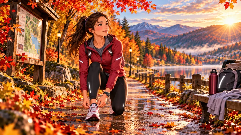 Beginner runner preparing safely for an outdoor fall workout.