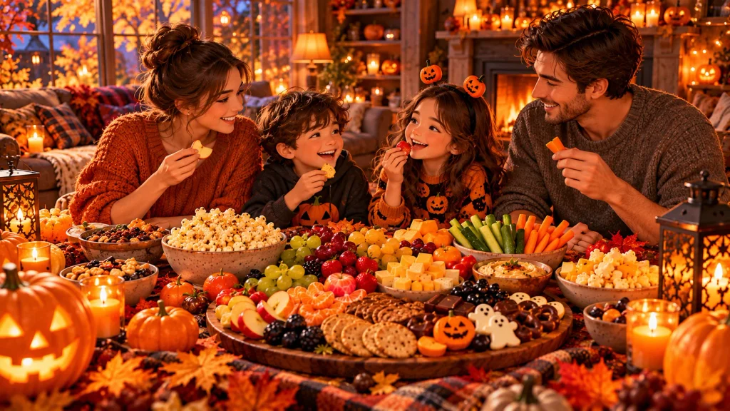 Family enjoying a balanced Halloween snack spread with fruit, vegetables, popcorn, and seasonal treats.