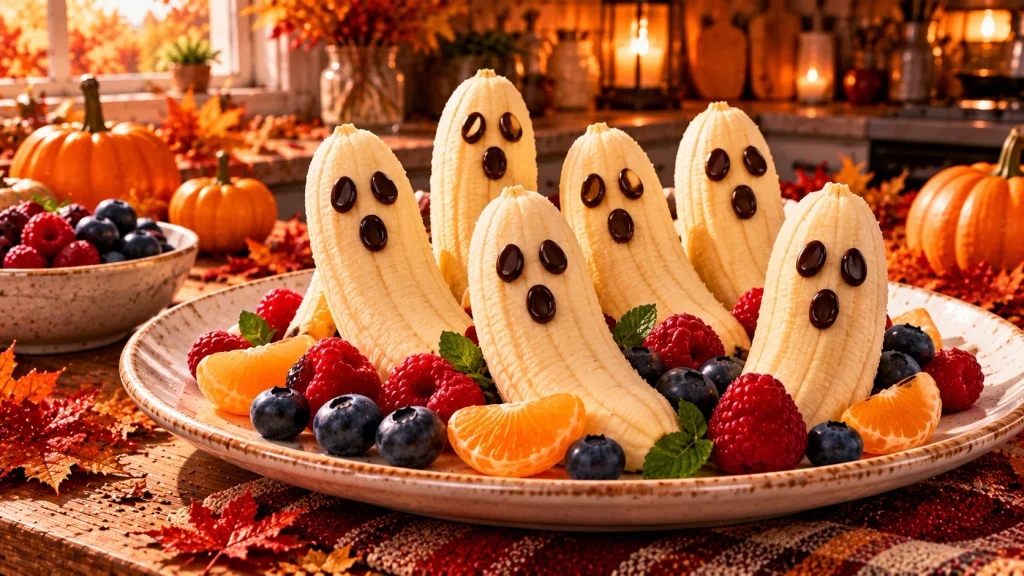 Banana ghosts with chocolate eyes and mouths served with fresh berries on a white plate.