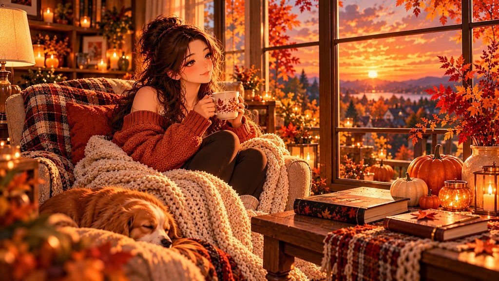 Anime-style woman relaxing with warm tea and a blanket beside glowing pumpkins during a peaceful October sunset.