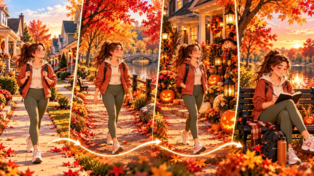 Anime-style illustration of a month-long Halloween walking challenge progressing through four autumn walking scenes.