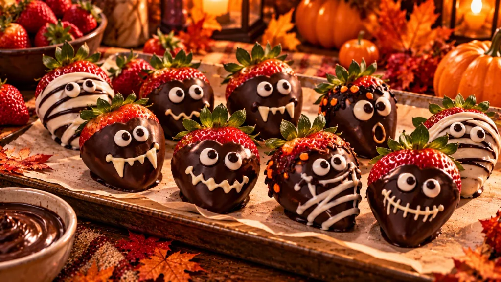 Chocolate-dipped strawberries decorated as Halloween monsters on a parchment-lined dessert tray.