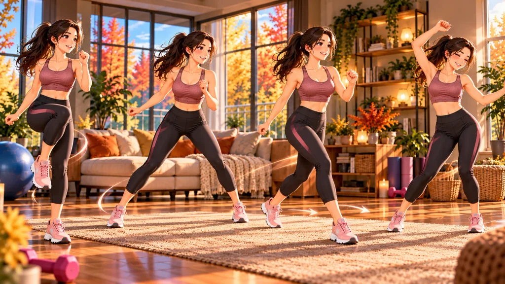 Anime-style beginner performing a low-impact cardio circuit with marching and side-step exercises.