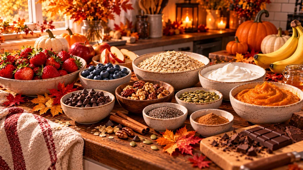 Fresh fruit, plain yogurt, oats, pumpkin purée, cinnamon, and dark chocolate for homemade Halloween desserts.
