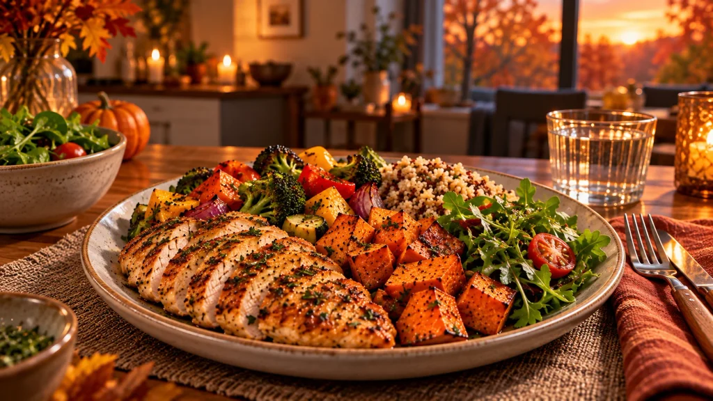 Balanced healthy fall dinner with roasted chicken, vegetables, sweet potatoes, greens and whole grains.