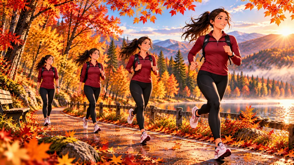 Four-week beginner fall running progression shown on an autumn fitness trail.