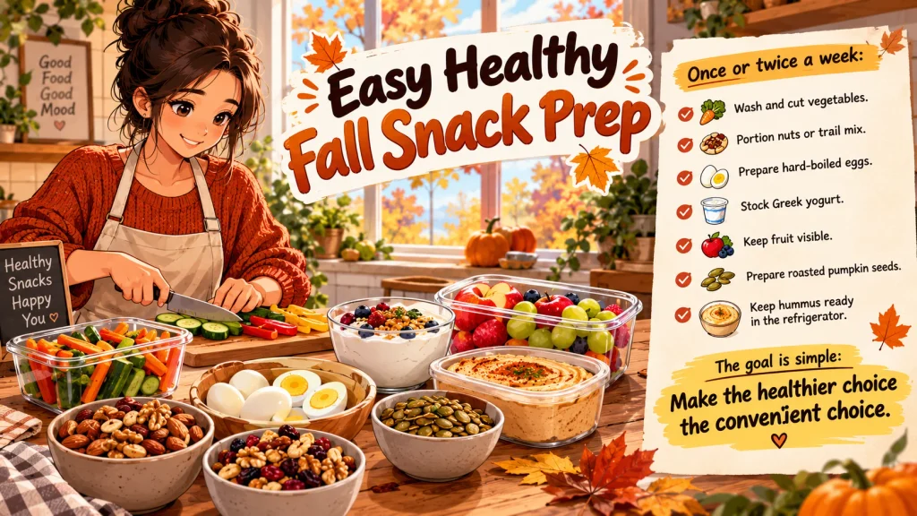 Healthy fall snack meal prep with fruit vegetables eggs yogurt and nuts
