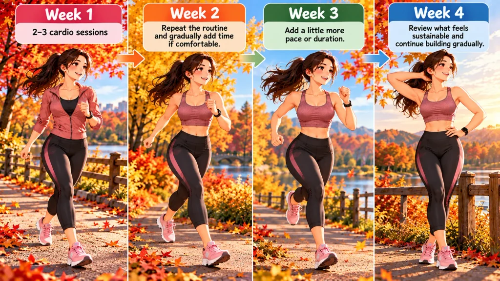 Anime-style illustration showing a beginner’s 4-week fall cardio progression from 2–3 weekly sessions to gradually increased pace, duration, and sustainable fitness.