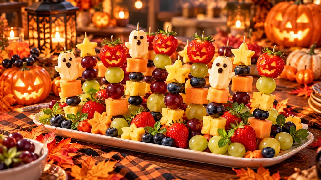 Halloween fruit skewers with strawberries, grapes, melon, blueberries, and pineapple.