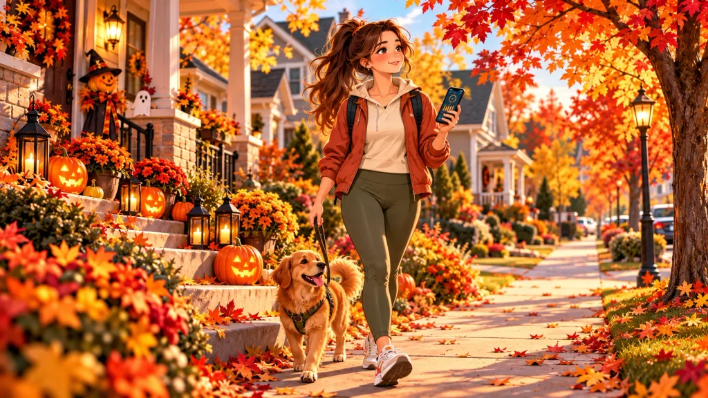 Anime-style adult walker enjoying a decorated American neighborhood during a Halloween walking challenge.