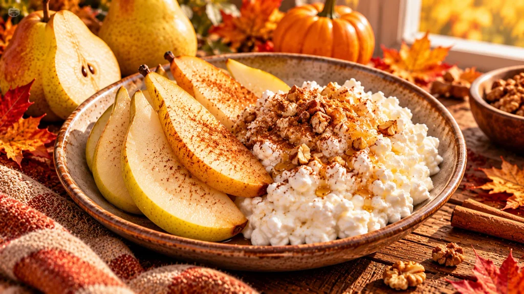Pear slices with cottage cheese for a balanced healthy fall snack