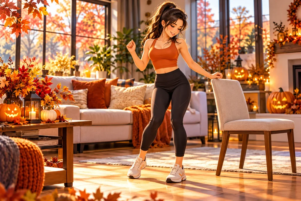 Woman practicing low-impact dance steps beside a stable chair in an autumn-decorated living room.