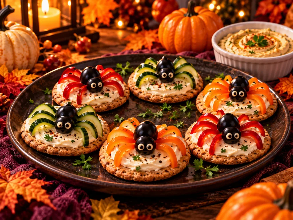 Halloween spider crackers topped with cheese spread, cucumber and bell pepper legs, and olive decorations.
