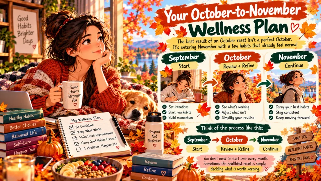 Cozy fall wellness planning scene showing transition from October routines into November