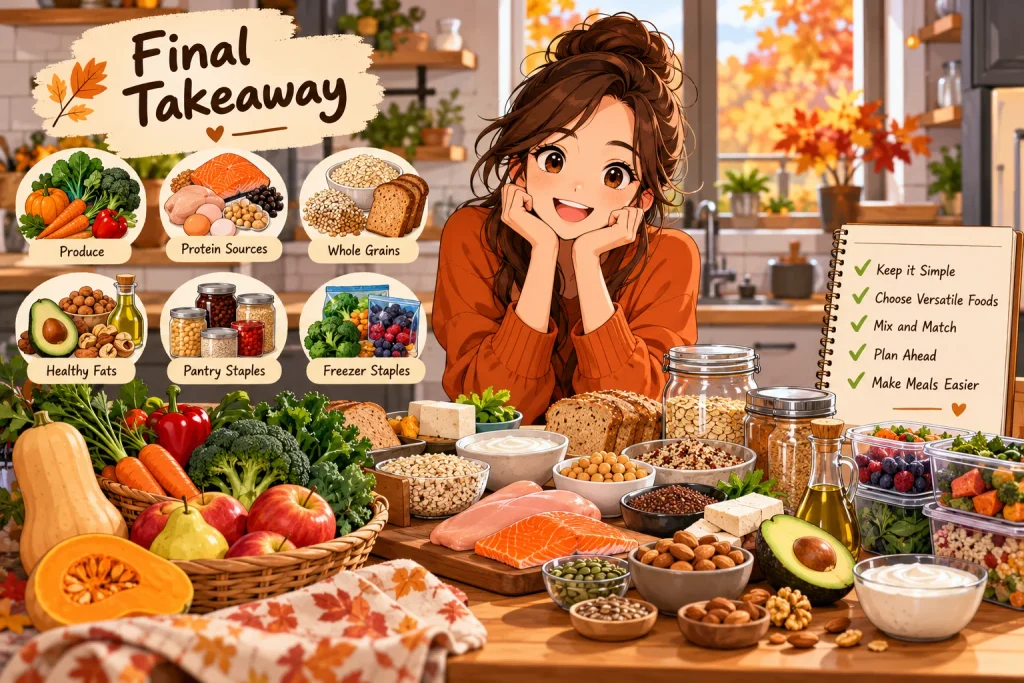 Anime-style fall kitchen scene with healthy produce, protein foods, whole grains, healthy fats, pantry staples, and meal-prep foods.