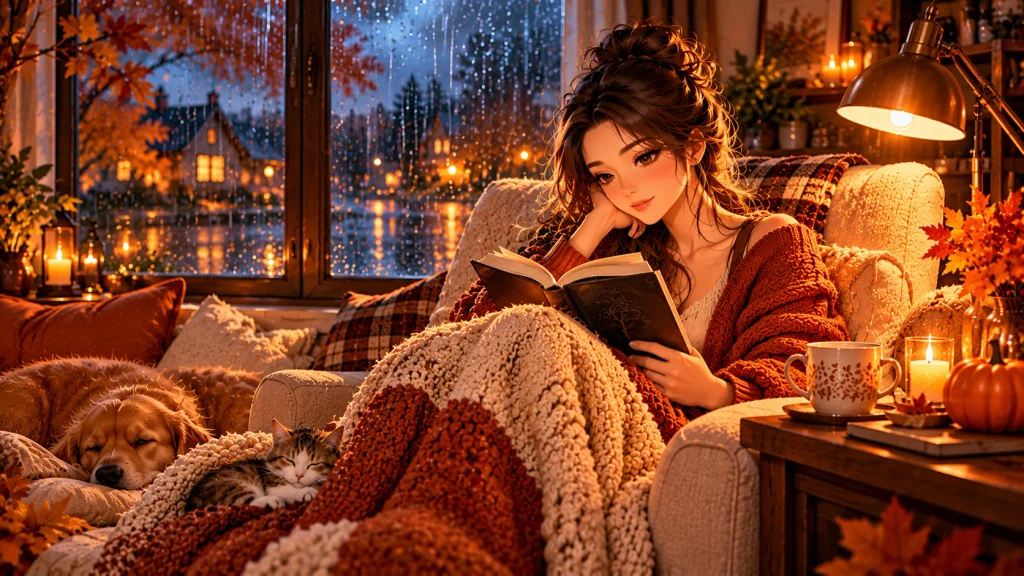 Anime-style woman reading a mystery novel in a cozy autumn reading nook beside a rainy October window.