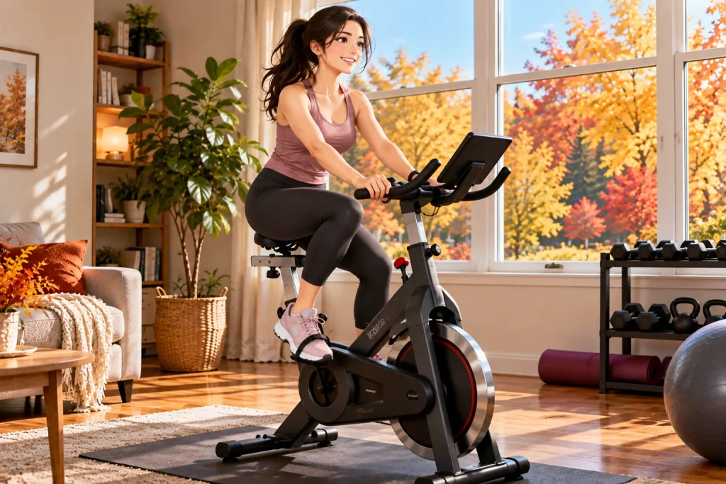 Beginner using a stationary exercise bike for low-impact cardio at home.