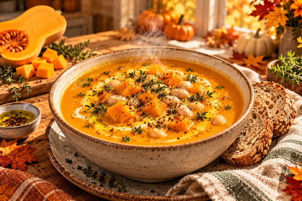 Butternut squash and white bean soup with carrots, thyme, and whole-grain bread.