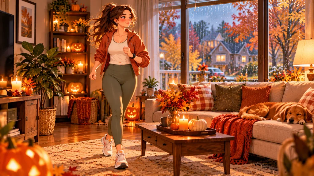 Anime-style woman doing an indoor walking workout in a cozy American living room on a rainy fall day.