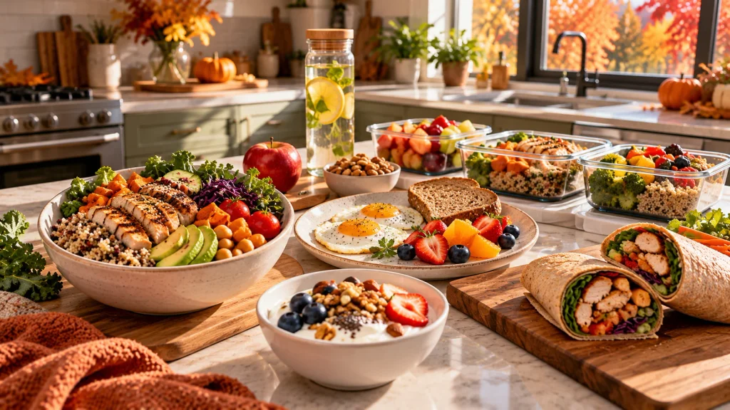 Simple healthy meal prep with vegetables protein whole grains and fruit