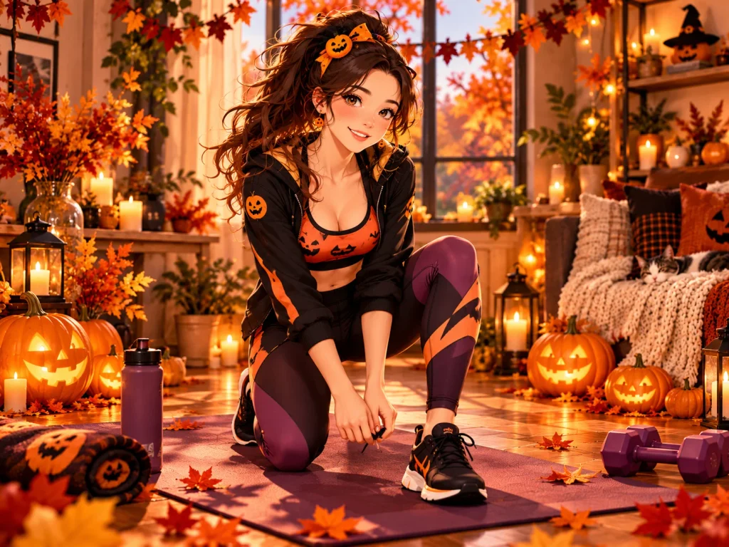 Anime-style woman wearing comfortable Halloween workout clothes beside a yoga mat and pumpkins in a cozy autumn home gym.