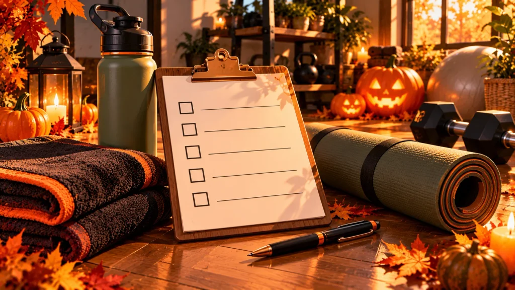 Halloween workout checklist with five blank checkboxes, a water bottle, workout towel, and yoga mat in a cozy fall fitness setting.
