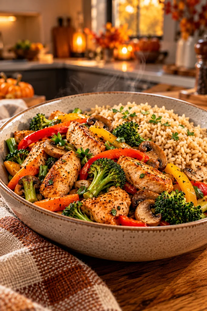 Healthy chicken and vegetable stir-fry with broccoli, peppers, carrots, mushrooms and brown rice.