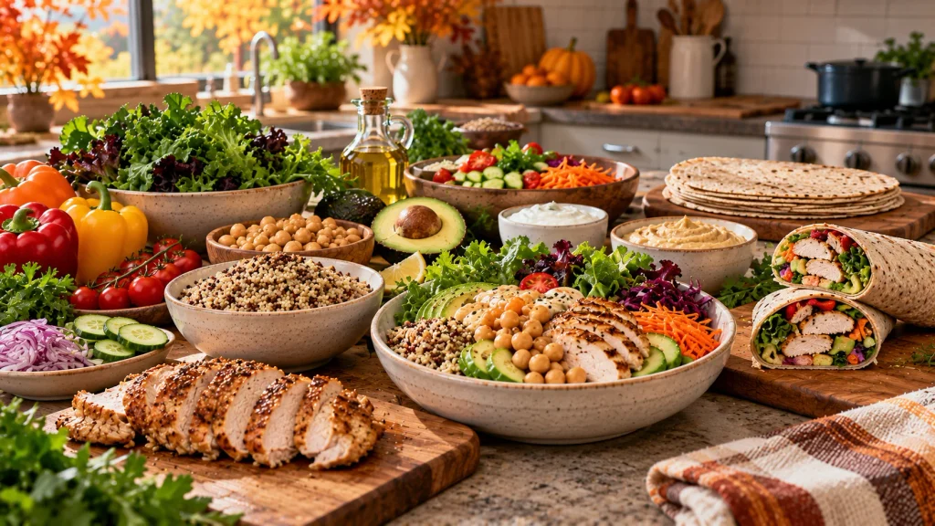Healthy fall lunch ingredients including chicken, chickpeas, quinoa, greens, vegetables, avocado, hummus, and wraps.