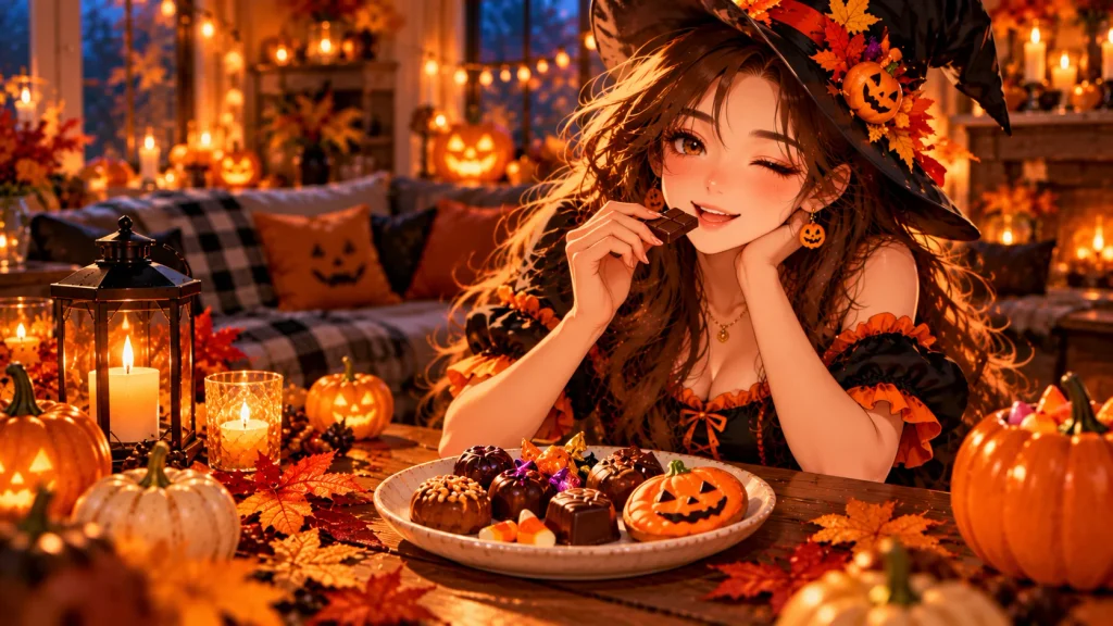 Halloween candies, chocolates, and a pumpkin cookie on a plate in a cozy anime-style autumn setting.