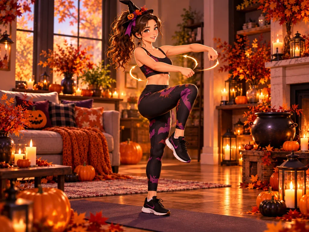 Anime-style woman marching in place and making gentle arm circles in a cozy Halloween workout setting with pumpkins.