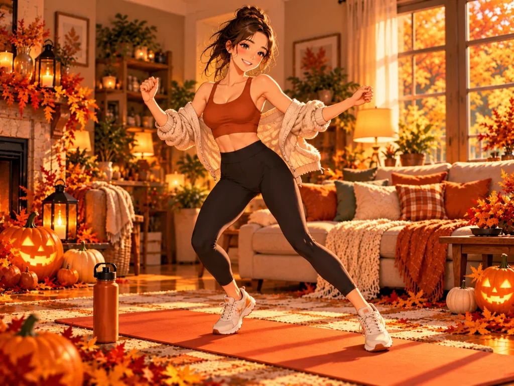 Anime-style illustration of a woman enjoying a low-impact Halloween dance workout in a warmly lit American living room.