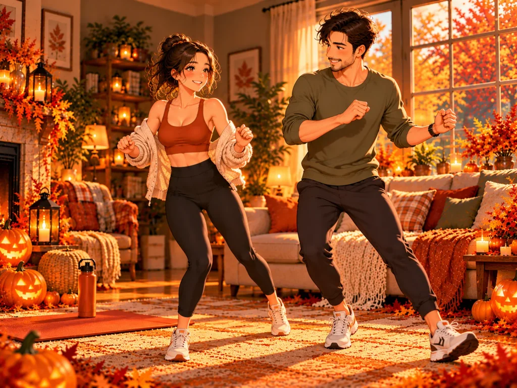 Two adults enjoying a simple Halloween dance activity together in a cozy American living room decorated for fall.