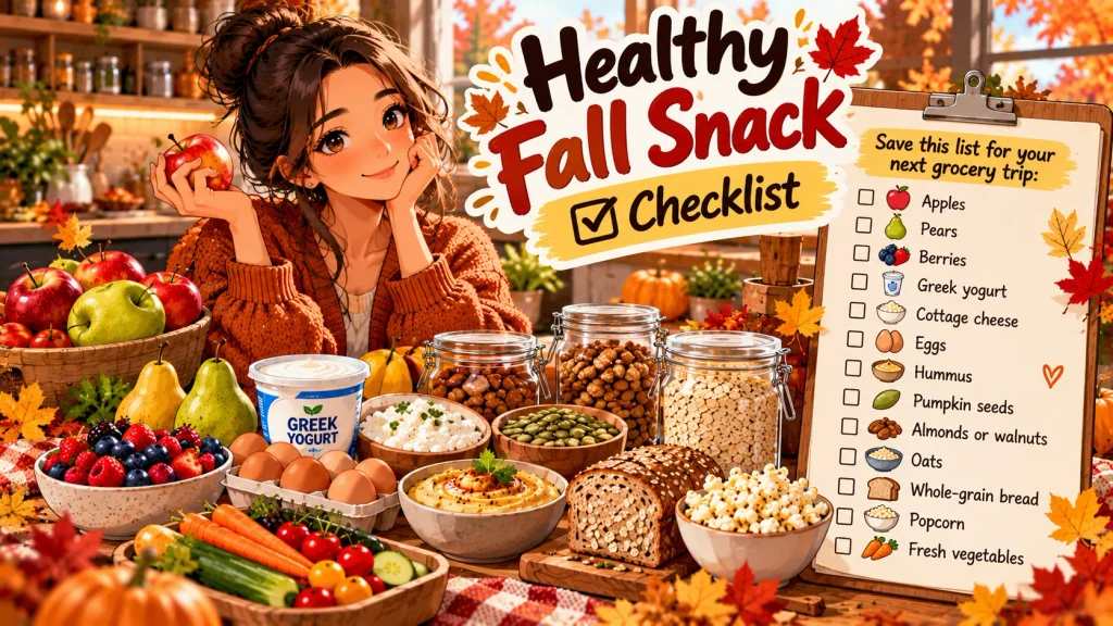 Healthy fall snack staples including fruit yogurt eggs nuts oats and vegetables