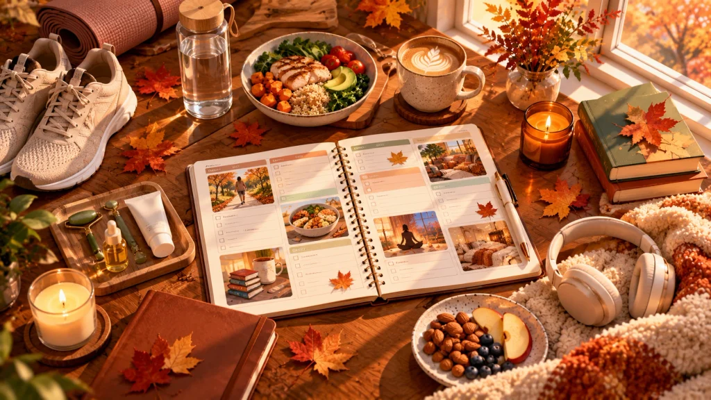 Simple fall weekend schedule with planner, walking shoes, book and healthy meal prep
