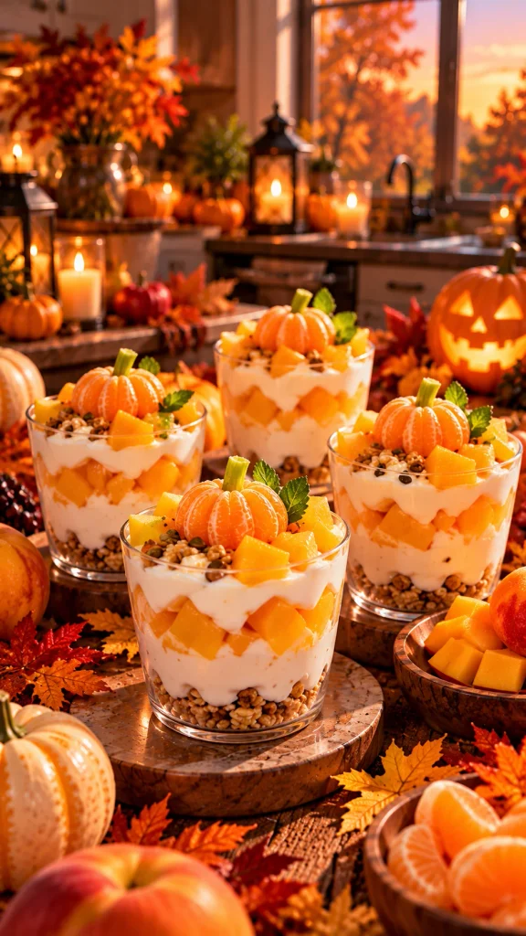 Pumpkin-inspired yogurt cups layered with colorful fruit for a Halloween snack.