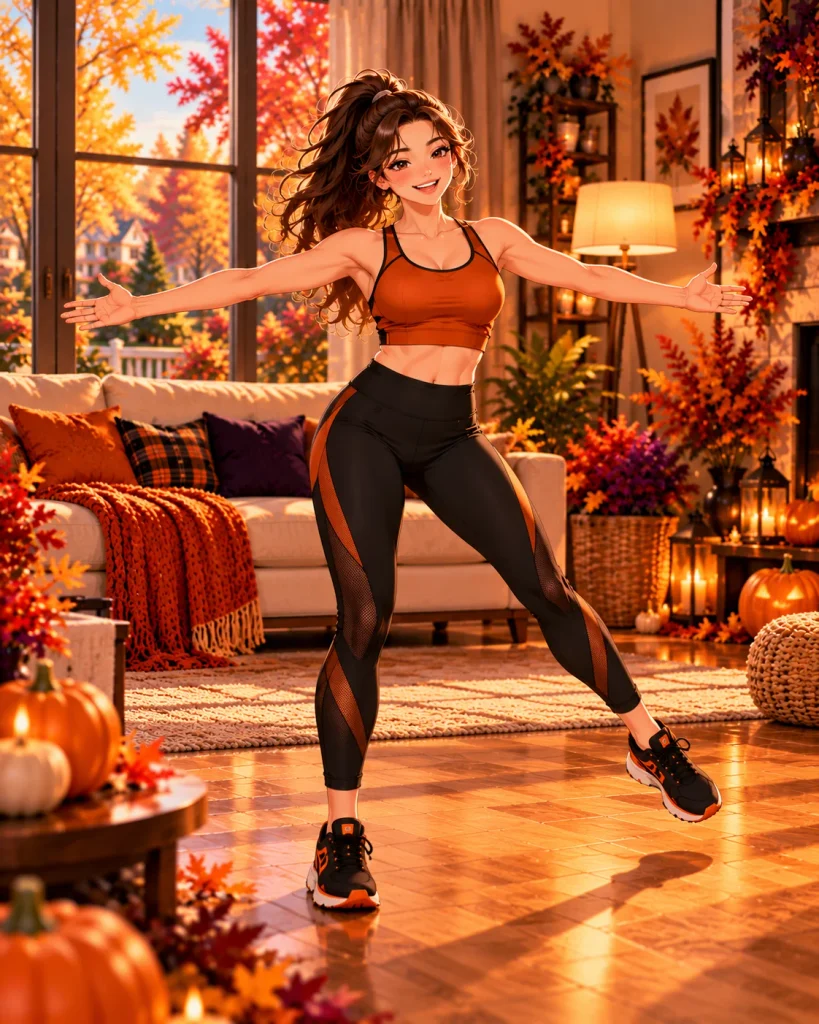 Woman performing a step-touch dance exercise with open arm movements at home.