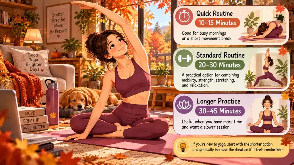 Fall yoga routine with 10–45 minute options in a cozy American home studio.