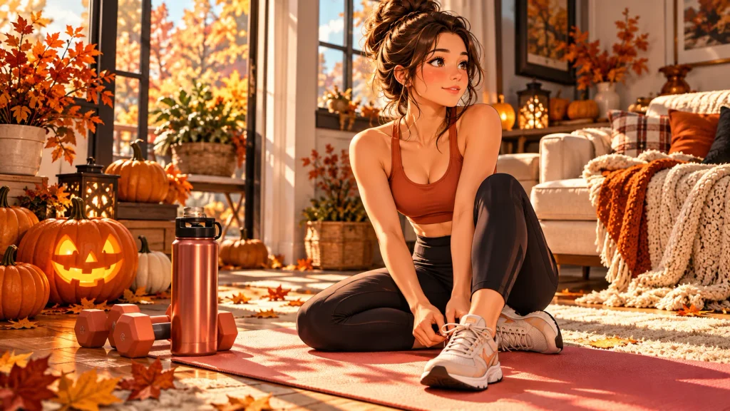 Woman preparing for a beginner-friendly Halloween Eve home workout in a cozy fall living room.