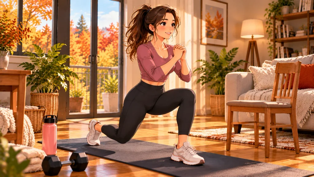 Beginner performing a controlled reverse lunge at home