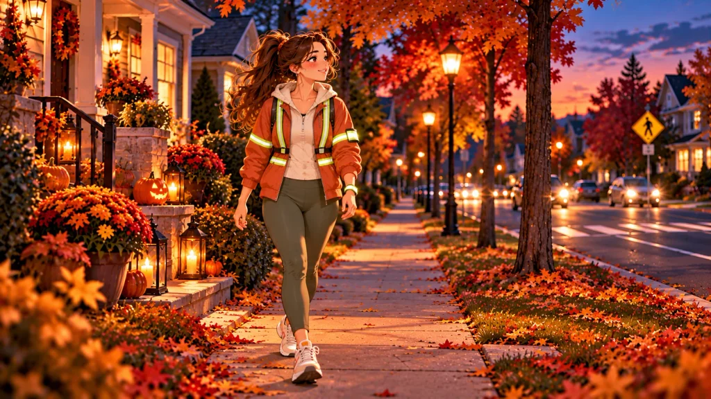 Anime-style woman wearing visible walking gear on a well-lit American neighborhood sidewalk decorated for Halloween.