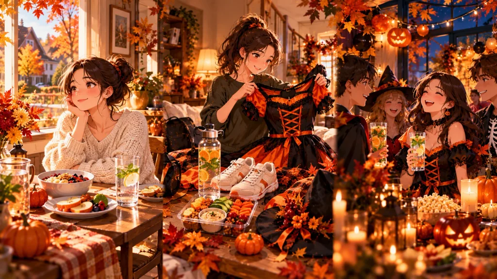 Anime-style Halloween day plan showing morning breakfast, afternoon costume preparation, and an evening celebration.
