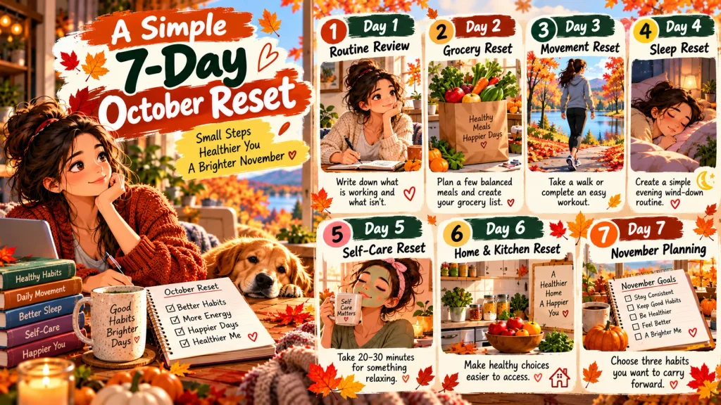 Seven-day October wellness reset represented through movement food sleep self-care and planning