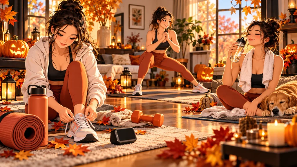 Halloween Eve workout overview showing a home fitness mat, water bottle, and exercise space decorated for fall.