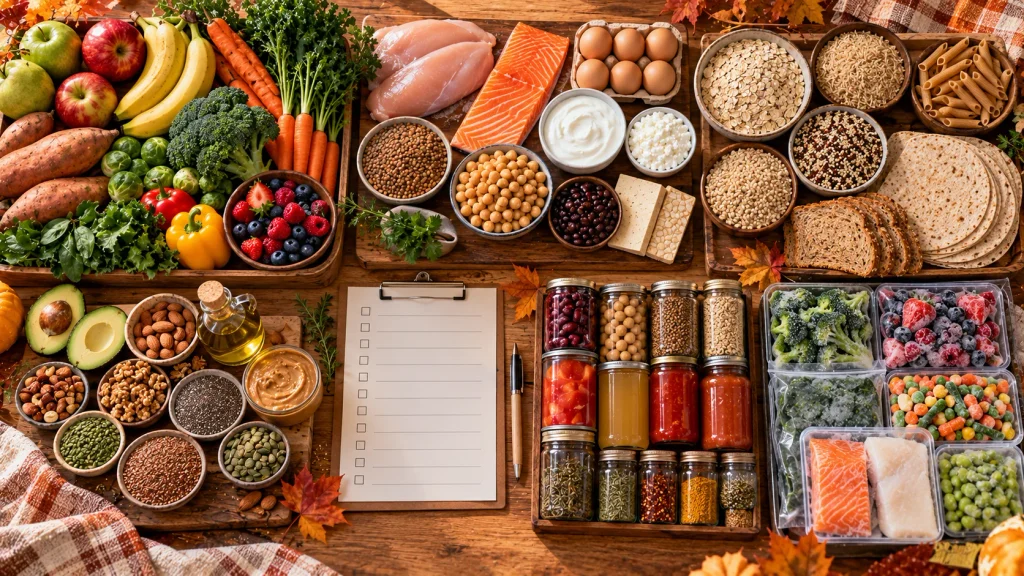 Fall healthy grocery checklist with produce, protein, whole grains, healthy fats, pantry staples, and freezer foods.