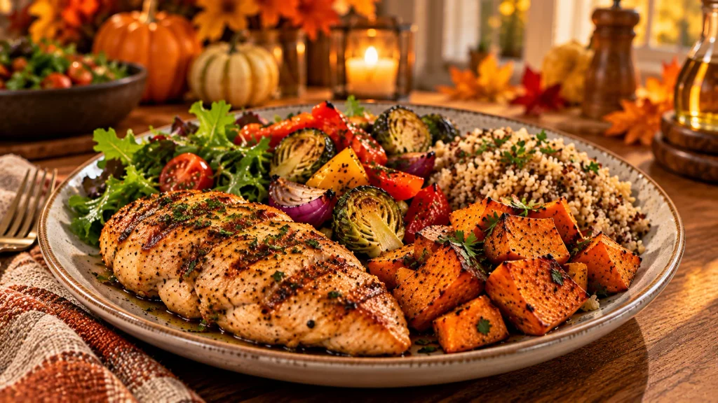 Balanced fall dinner plate with chicken, roasted vegetables, sweet potato and quinoa.