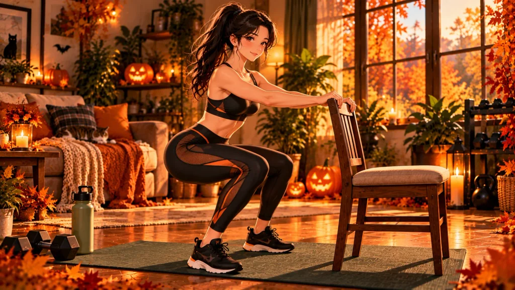 Anime-style woman performing a chair-supported squat in a cozy American home gym decorated with autumn pumpkins.