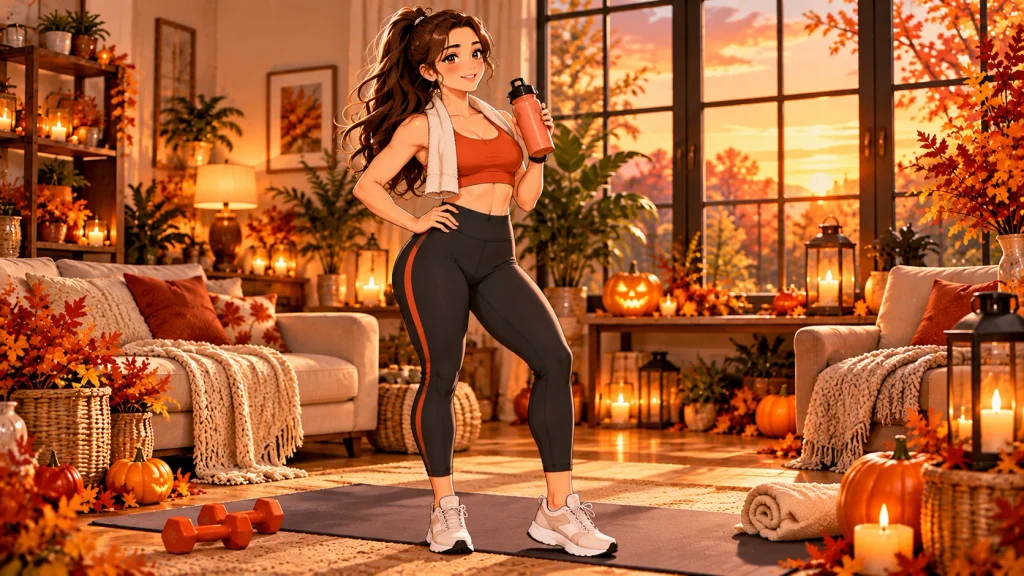 Woman standing beside her exercise mat in a cozy fall living room after a short Halloween Eve workout.